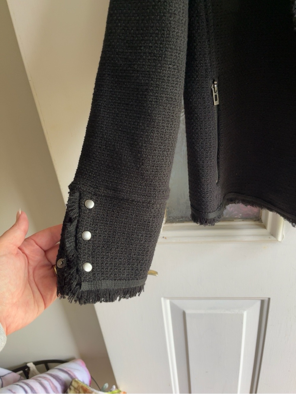 NWT Daniel Rainn Carlotta Knit Tweed Fringe Jacket Black Size Large - Picture 3 of 4